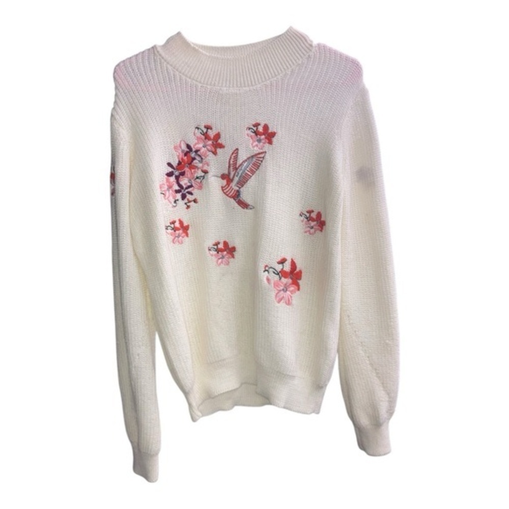 Embroidery birds and flowers Classic Women's Cream Knit Sweater Large